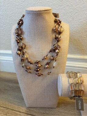 Chico's 3-Strand Faceted Brown and Champagne Bead Necklace & matching bracelet